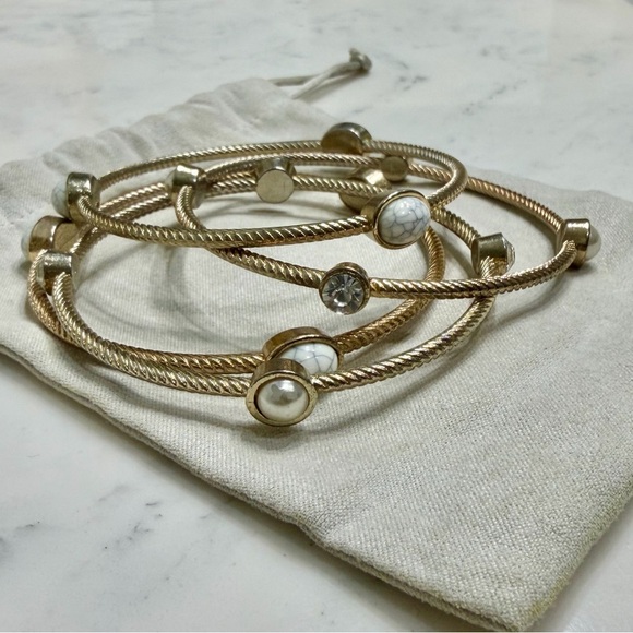 Silver Plated Faux Pearl, Howlite, and Rhinestone Bangles, Set of (4) LIKE NEW - Picture 2 of 5